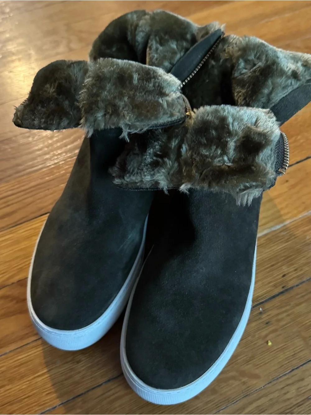 J/SLIDES Black Faux-Suede Fur-Lined Side-Zip Ankle Boots